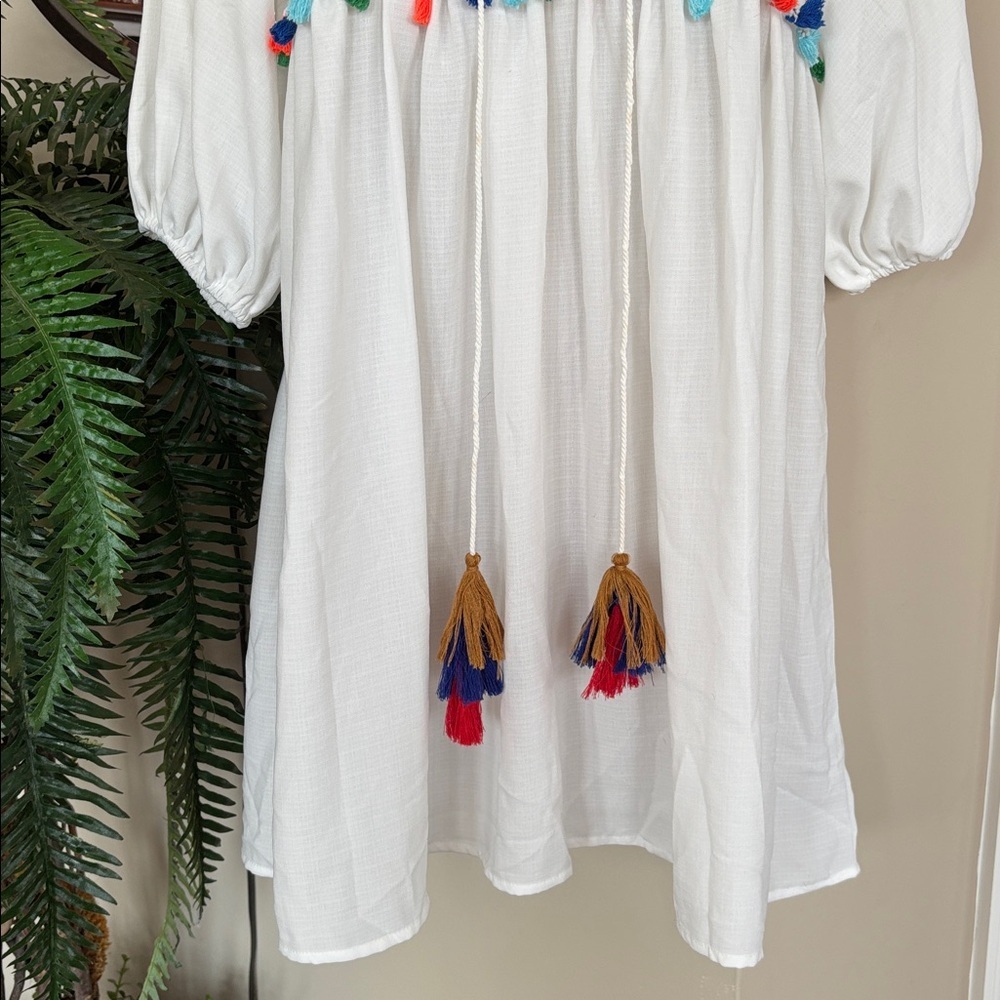 White Colorful Embroidered Tassel Babydoll Dress Puff Sleeves Beach V-Neck Mini - Picture 3 of 12